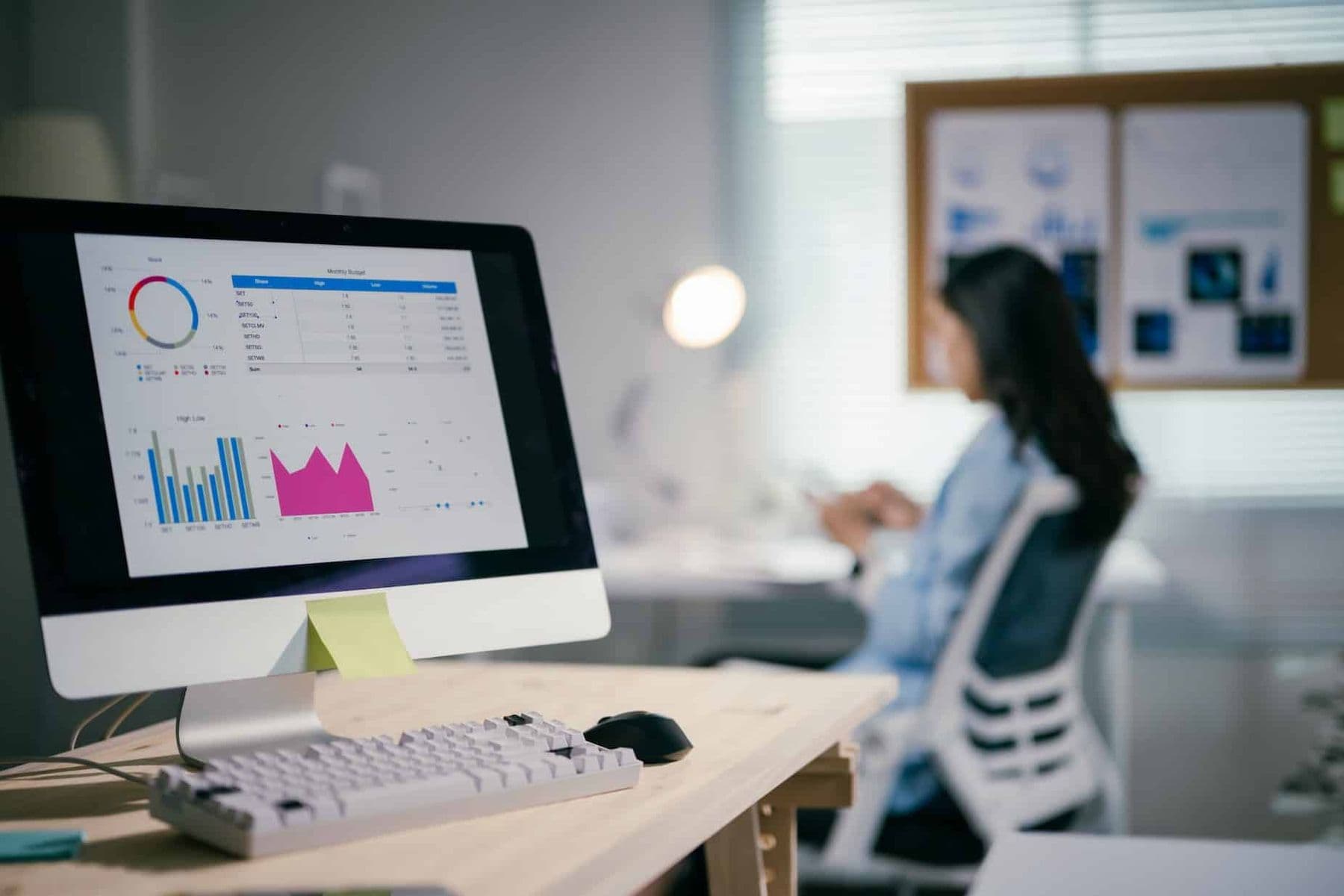 The best accounting software in the UAE displayed on desktop computer in a modern office, with a woman working in the background.