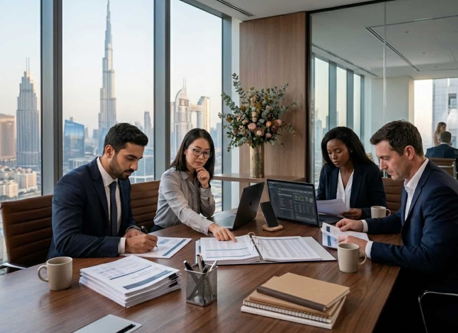 Finance team in a Dubai office reviewing reports for revenue expenditure and capital expenditure decisions.