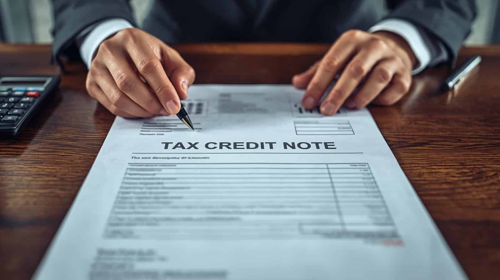 A business professional reviewing a printed tax credit note at a desk, with a pen in hand and a calculator nearby.