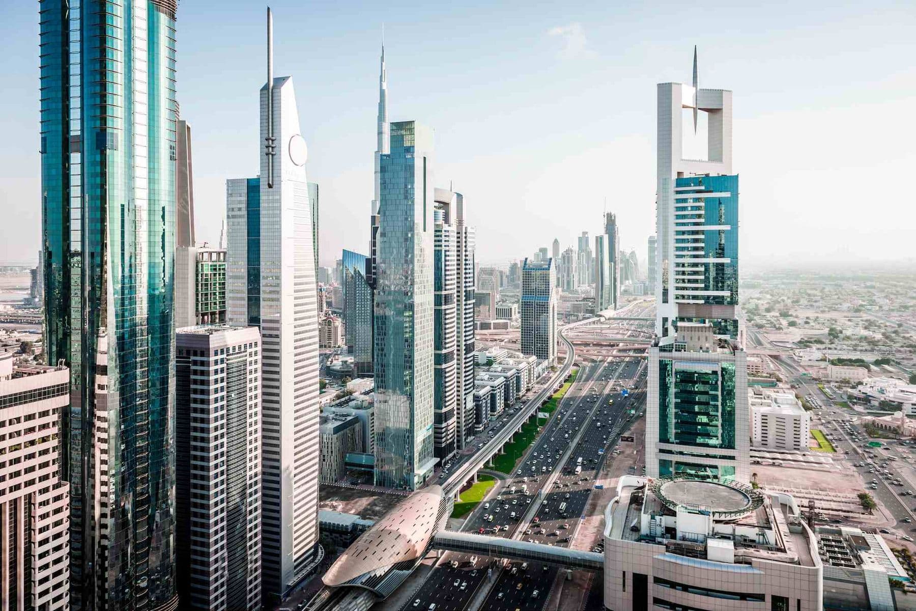 Dubai skyline along Sheikh Zayed Road representing taxes in Dubai and financial district.